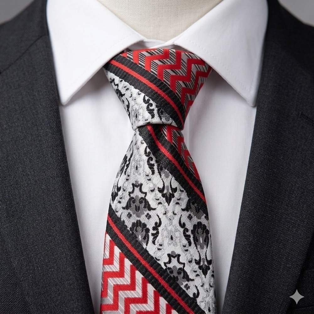 Vtg 70s Wide Disco Tie Bold Chevron ZigZag‎ Damask Silver Red Black Retro 3.25"